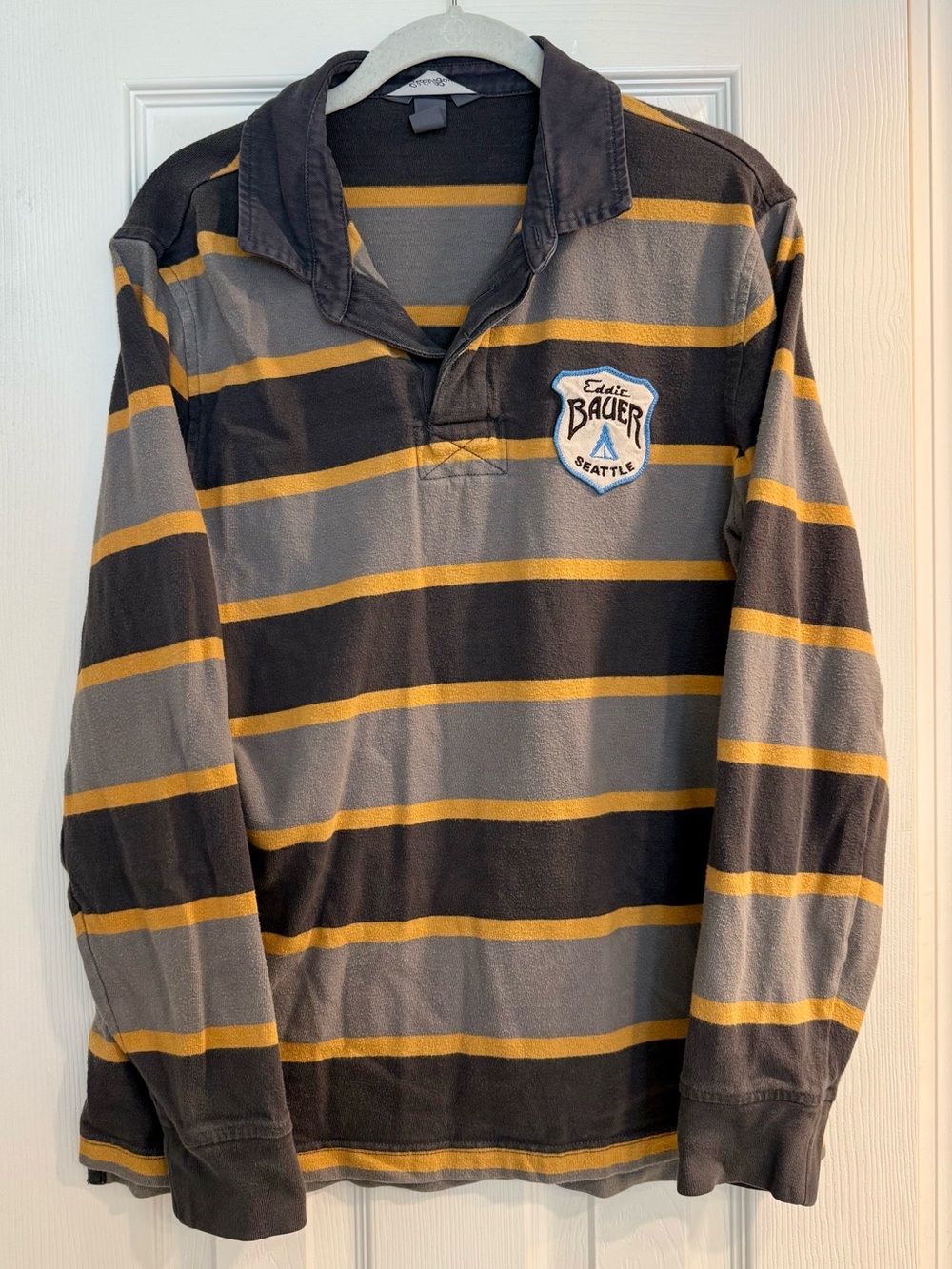 Eddie Bauer Men's Long-Sleeve Striped Rugby Shirt in Gray and Yellow